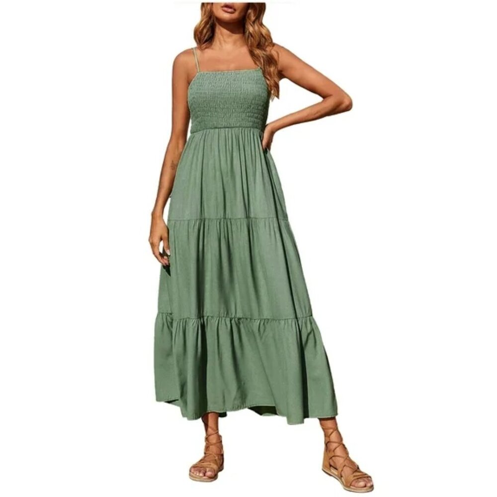 Nordstrom Green Spaghetti Strap Dress Boho Sleeveless Pleated Casual Maxi Dress